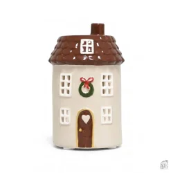 Beige fyrfadsstage i keramik fra Det Gamle Apotek, Joyful Christmas, 11 cm h�j.