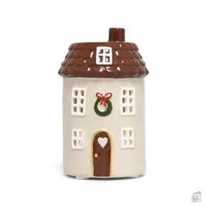 Beige fyrfadsstage i keramik fra Det Gamle Apotek, Joyful Christmas, 11 cm h�j.