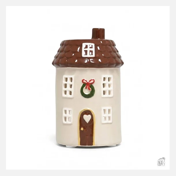 Beige fyrfadsstage i keramik fra Det Gamle Apotek, Joyful Christmas, 11 cm h�j.