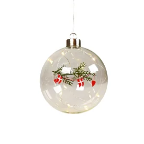 Glaskugle med LED – pyntet med gran, flag og hjerter