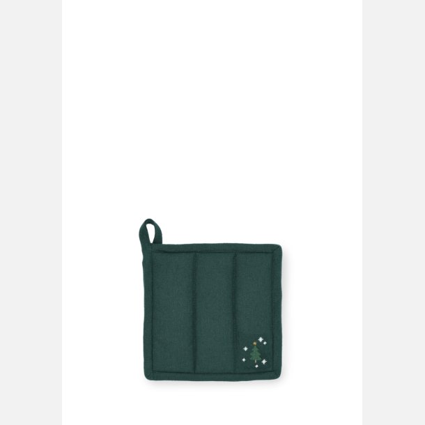 Produktfoto af grydelap foldet med synlig rand og broderi