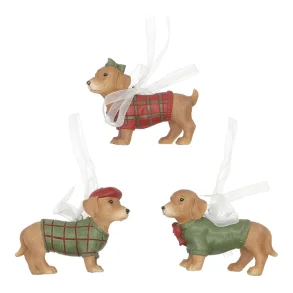 Tre assorterede julehunde fra Wurm i brunt polyresin med juletr�jer og oph�ngsb�nd.