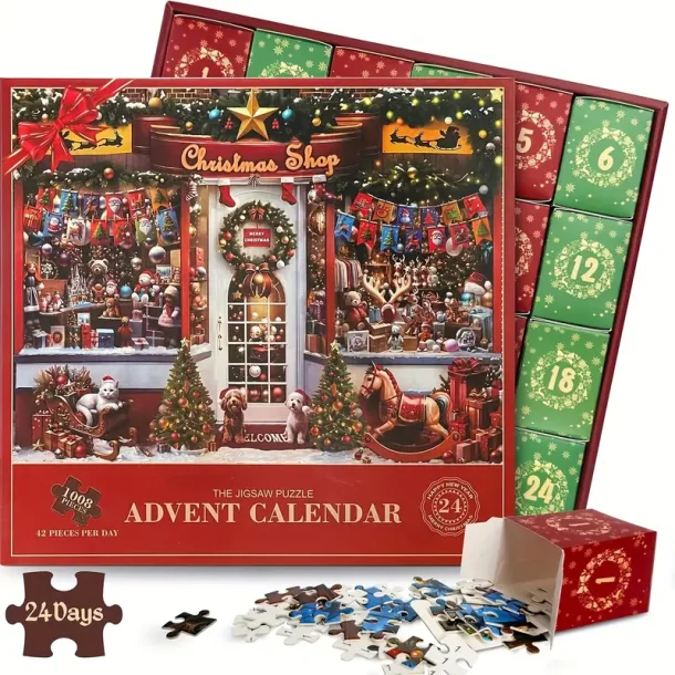Kalenderpuslespil Christmas Shop. 24 sker med ialt 1008 brikker