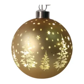 Julekugle med LED lys – golden glas med juletrer og stjerner