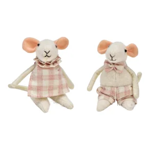 To dekorative stofmus fra WURM med store lyser�de �rer, rosa ternet kjole, bukser og sl�jfe.