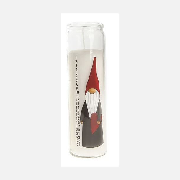 Kalenderlys i glas – nisse i gr/rde farver