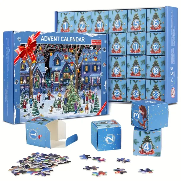 Kalender puslespil. Sneen daler ned over den fredelige julescene