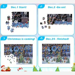 Kalender puslespil. Hyggelige huse pyntes til jul