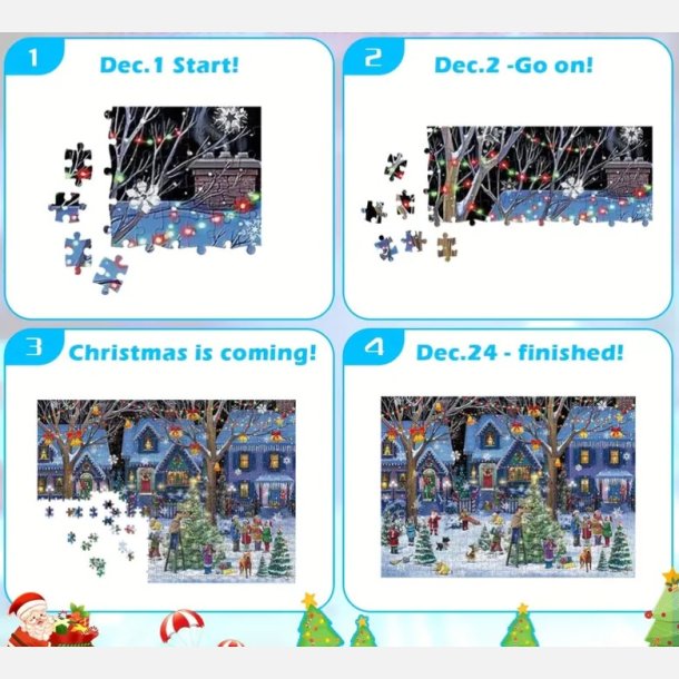 Kalender puslespil. Hyggelige huse pyntes til jul