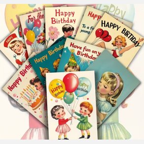 Retro f�dselsdagskort i 50&rsquo;er stil, 10 � 14,5 cm