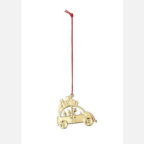 Forgyldt julebil fra Karen Blixens Jul ophngt i vindue med julelys