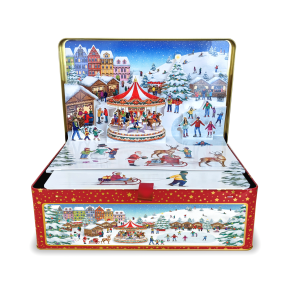 Julekagedse fra Silver Crane – dekoreret med julemarked og vintermotiver