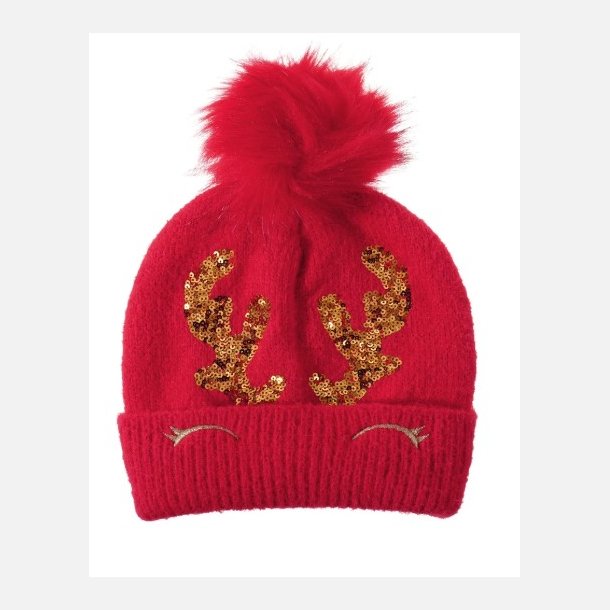 Snazzy Santa r�d Kids Beanie med guldfarvede rensdyr