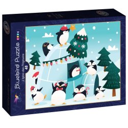 Julepuslespil med pingviner der pynter juletr