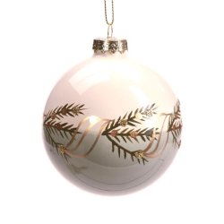 Hvid/grn julekugle med gran og gyldne bnd – Det Gamle Apotek