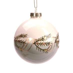 Hvid/grn julekugle med gran og gyldne bnd – Det Gamle Apotek
