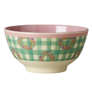 RICE melaminskl i grn/rosa Vichy-design – 15 cm 