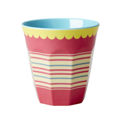 RICE melaminkrus – rdt med gul kant og striber, 9 cm