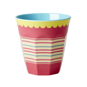 RICE melaminkrus – rdt med gul kant og striber, 9 cm