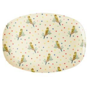 RICE melamintallerken med undulater og farverige prikker p lysegul baggrund