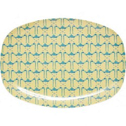 Aflang RICE melamintallerken med bl blomsterguirlander p gul baggrund