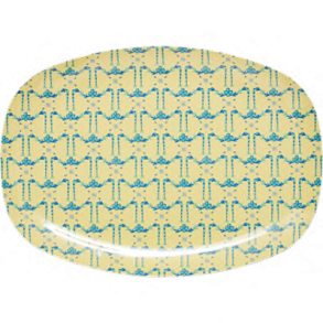 Aflang RICE melamintallerken med bl blomsterguirlander p gul baggrund