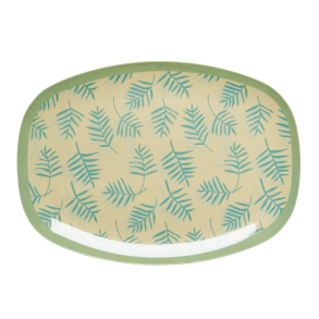 RICE aflang melamintallerken med grnne blade og sart gul bund
