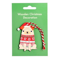 Juleornament i tr fra Rex London. Mops med nissetj og hue.