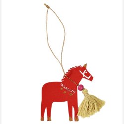 Juleornament i tr fra Rex London. Rd hest med glimmer og kvast 