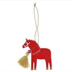 Juleornament i tr fra Rex London. Rd hest med glimmer og kvast 