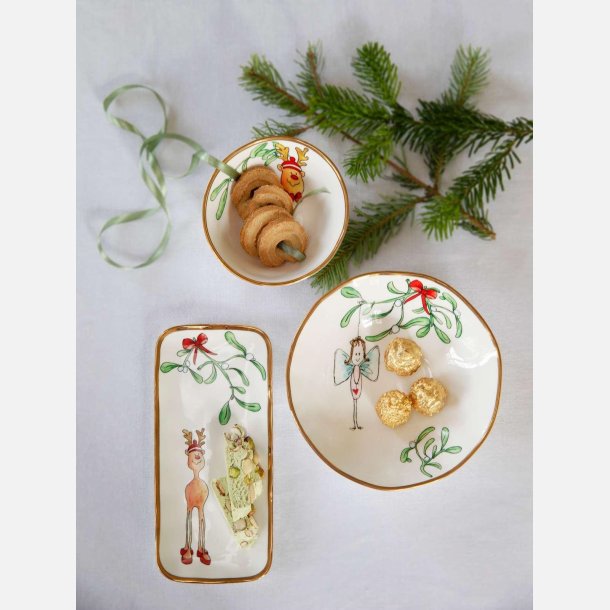 Hvidt julefad med guldkant og festligt Rudolf design