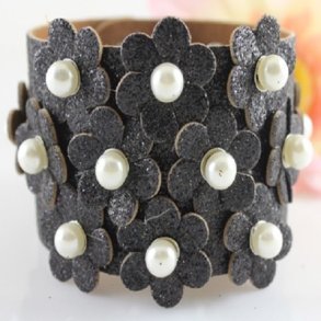 Lderarmbnd - Sort med perler