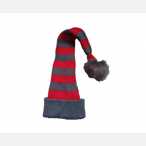 Nissehue i stribet gr og rd - bld strikket model 