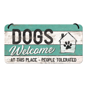 Retro Skilt 10x20cm - Dogs welcome