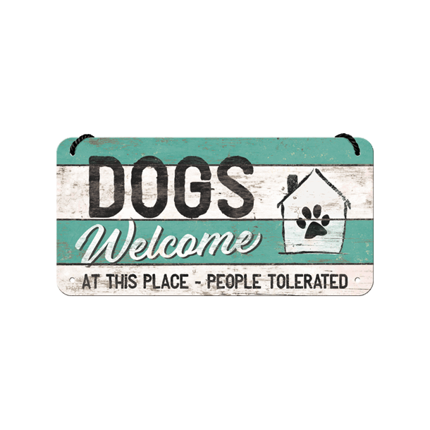 Retro Skilt 10x20cm - Dogs welcome